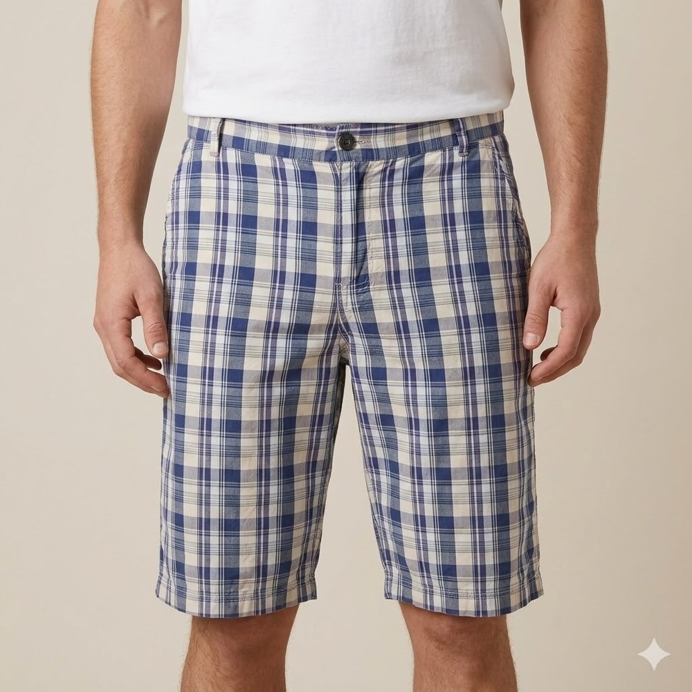 Canterbury of New Zealand Plaid Shorts 32 Blue‎ White Cotton EUC